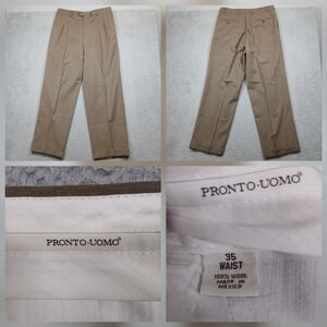 Pronto Uomo Dress Pants Men's 35W Tan 100% Wool Pleated Cuffed Hem